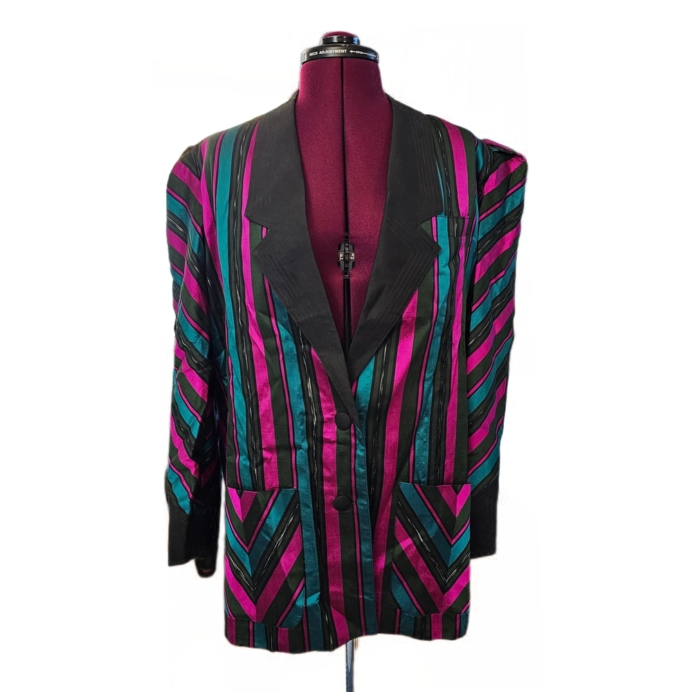 Vintage Hand Work THAI SILK 100% Multicolor Striped  Blazer Long Puff Sleeves